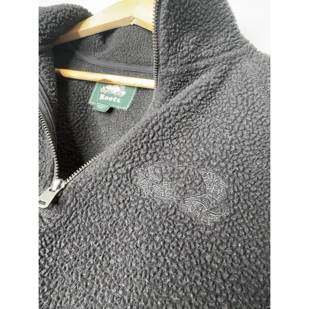 Roots Womens Shearling Sherpa Fleece 1/4 Quarter Zip Pullover Size Small Black